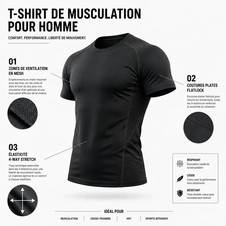Schéma technique des propriétés d'un vêtement de musculation pour homme