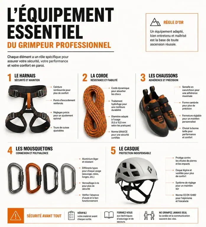 Infographie du matériel d'escalade essentiel pour la sécurité et la pratique en falaise ou en salle