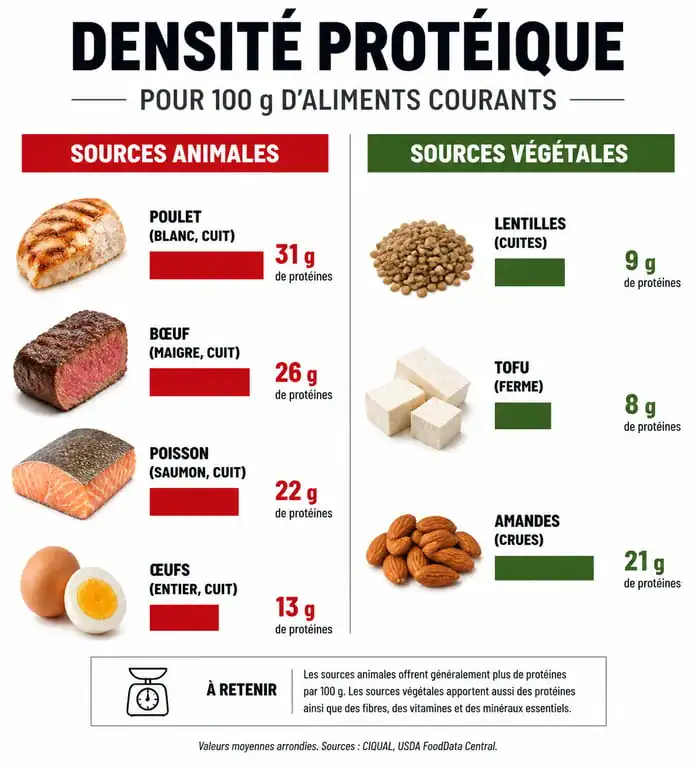 Infographie comparative des sources de protéines animales et végétales pour le calcul protéine par aliment