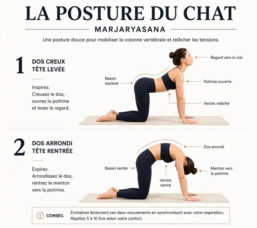 Illustration de la posture du chat en yoga Marjaryasana