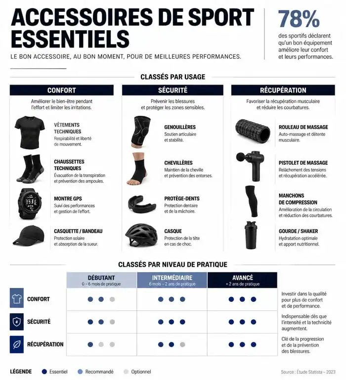 Infographie des accessoires pour sport essentiels par usage et niveau