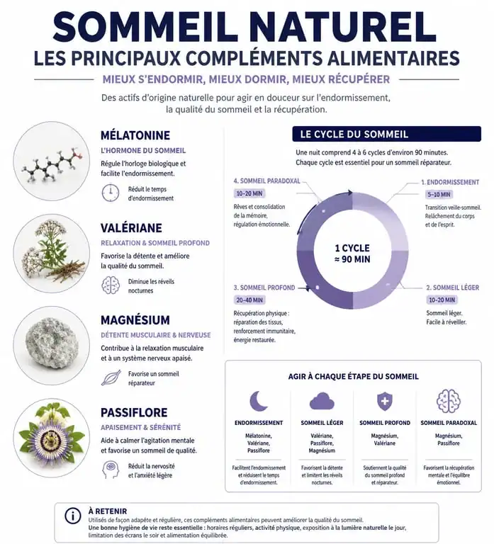 Infographie des compléments alimentaires pour dormir et leurs bienfaits sur le sommeil