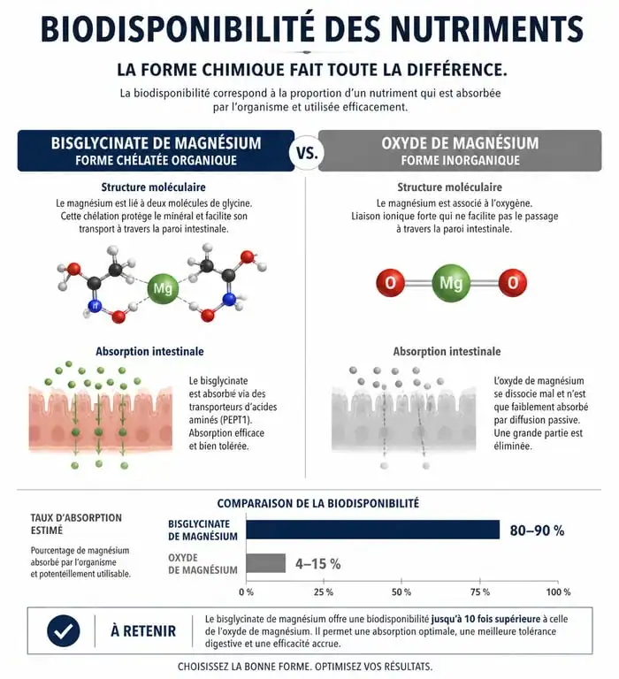 Infographie comparant la biodisponibilité des formes de multivitamines et minéraux pour une absorption optimale.