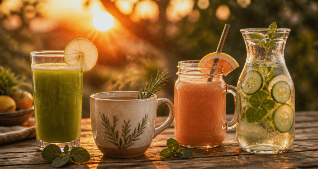 quatre jus detox pour le foie sur table rustique
