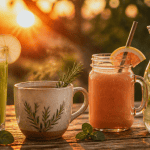 quatre jus detox pour le foie sur table rustique