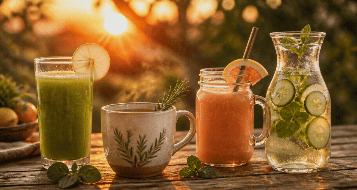 quatre jus detox pour le foie sur table rustique