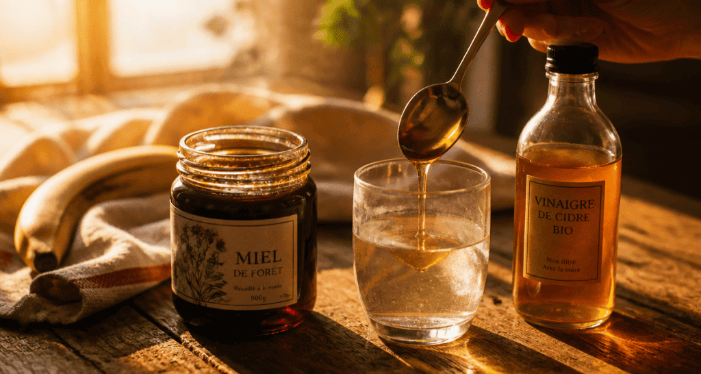 le miel contre les crampes sur table avec banane et vinaigre