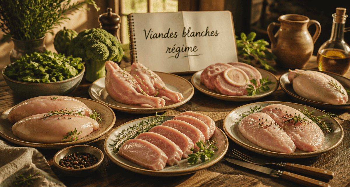 liste viande blanche regime sur table avec légumes