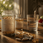 Multi vitamines et mineraux sur table avec fruits et eau