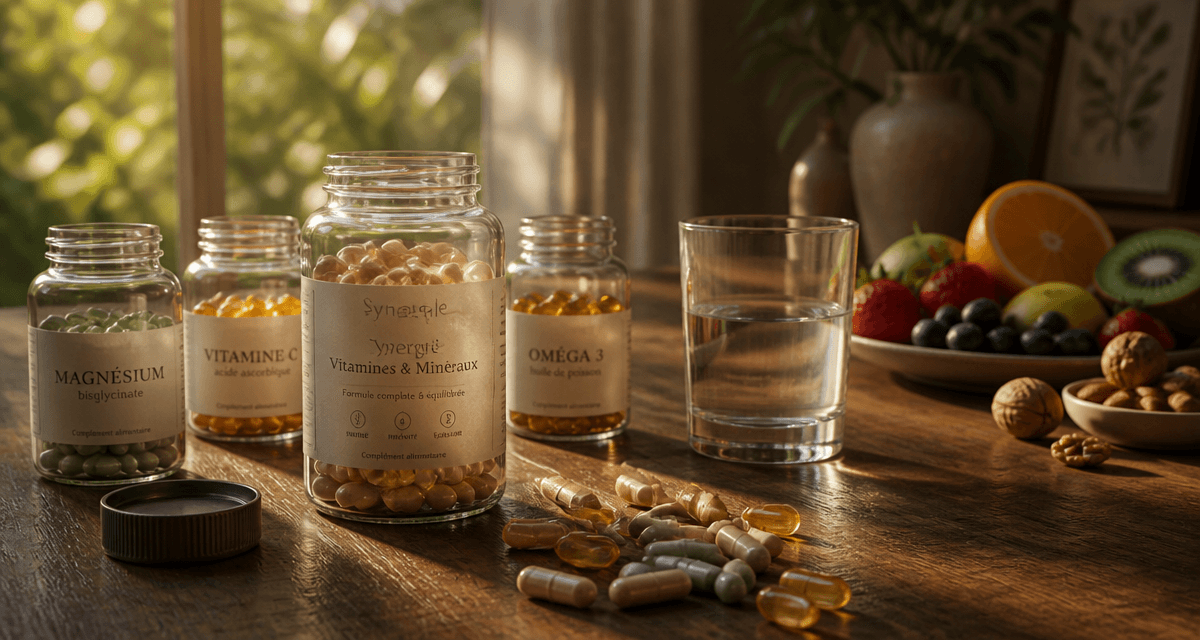 Multi vitamines et mineraux sur table avec fruits et eau