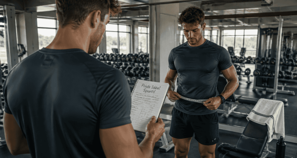 poids ideal homme 1m80 sportif devant miroir