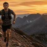 Coureur running trail sur sentier montagne