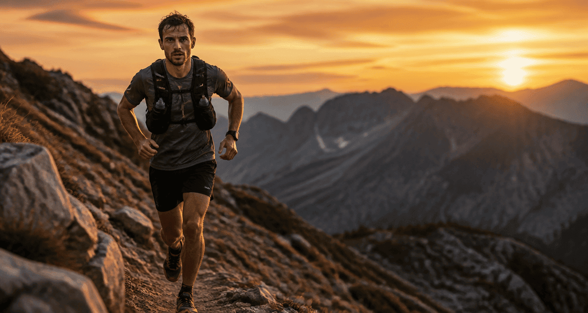 Coureur running trail sur sentier montagne