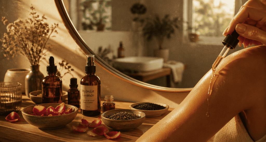 soin au naturel flacons huile végétale hydrolat