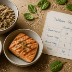tableau glucide lipide proteine sur table avec aliments