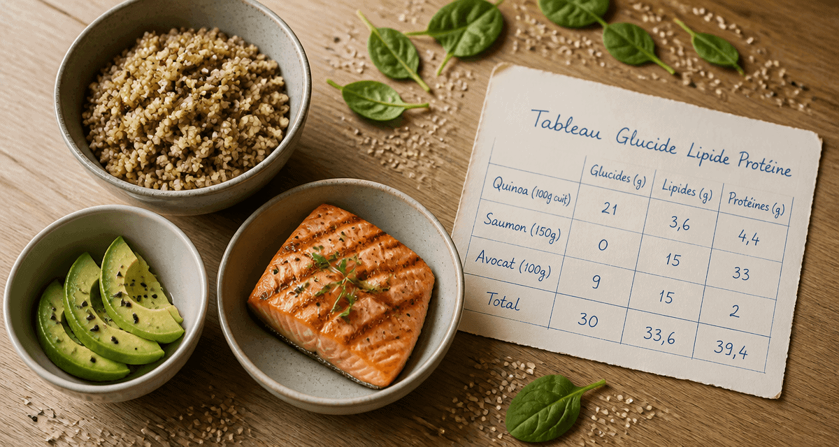 tableau glucide lipide proteine sur table avec aliments