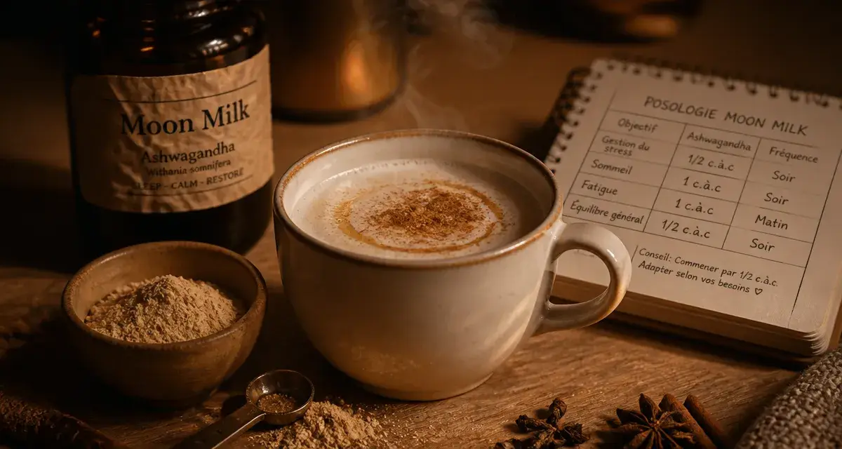 Ashwagandha dosage par jour : poudre dans Moon Milk, cannelle et miel