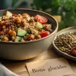 Bons glucides pour maigrir : salade quinoa et lentilles IG bas, satiété durable