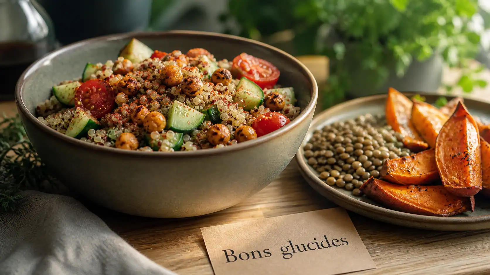 Bons glucides pour maigrir : salade quinoa et lentilles IG bas, satiété durable