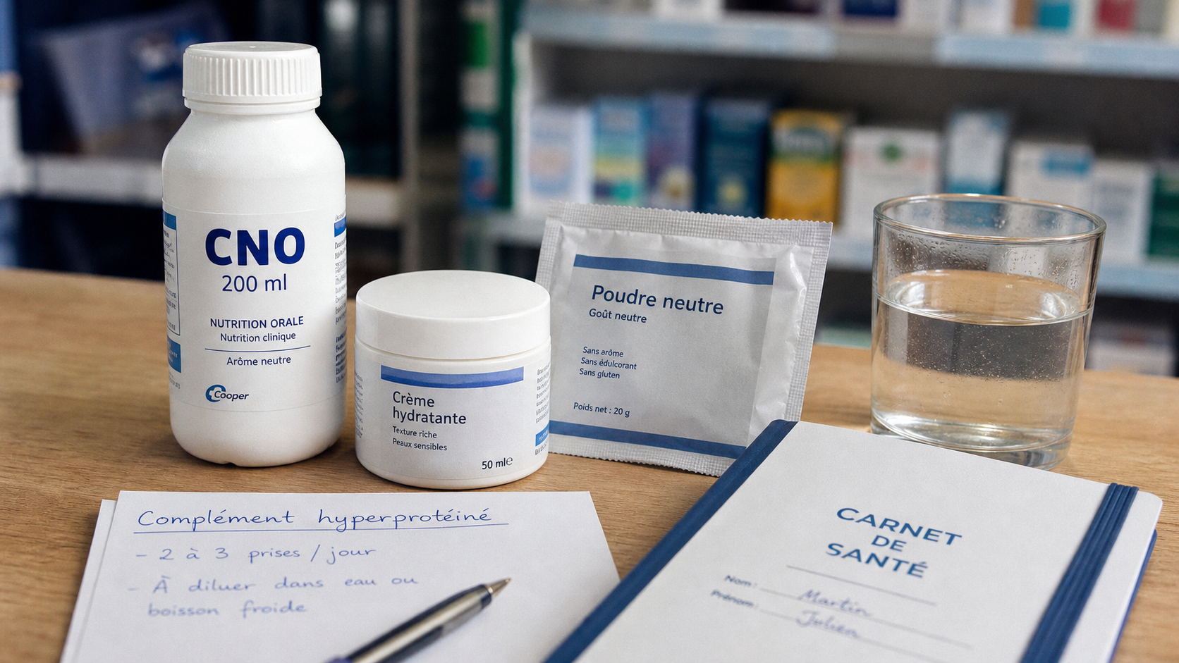 Complement alimentaire hyperproteine pharmacie : bouteille et carnet au comptoir