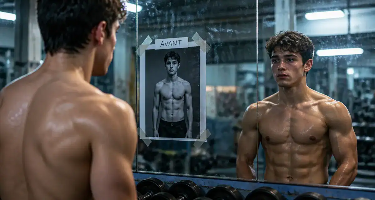 créatine avant/après photos jeune homme miroir