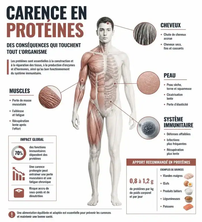 Infographie des symptômes et effets d'une carence en protéines sur le corps humain