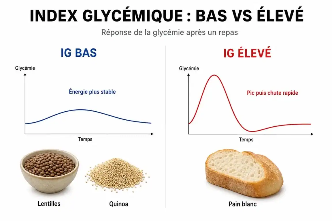 Infographie sur l'impact des bons glucides pour maigrir et la gestion de l'indice glycémique