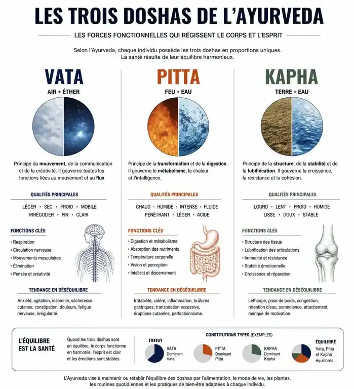 Infographie des trois doshas en Ayurveda : Vata, Pitta et Kapha expliqués pour comprendre les principes de l'Ayurveda.