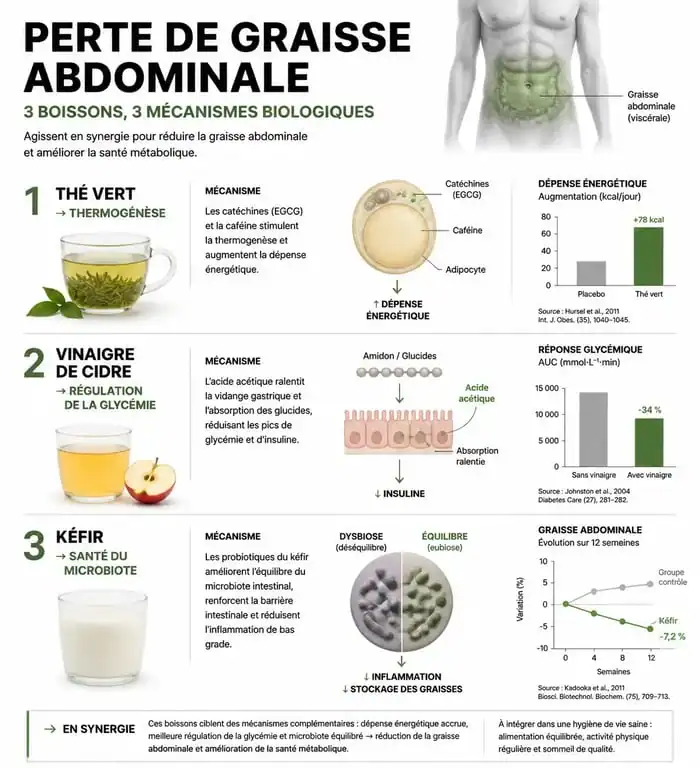 Infographie sur les bienfaits des boissons pour perdre du ventre et leurs mécanismes d'action