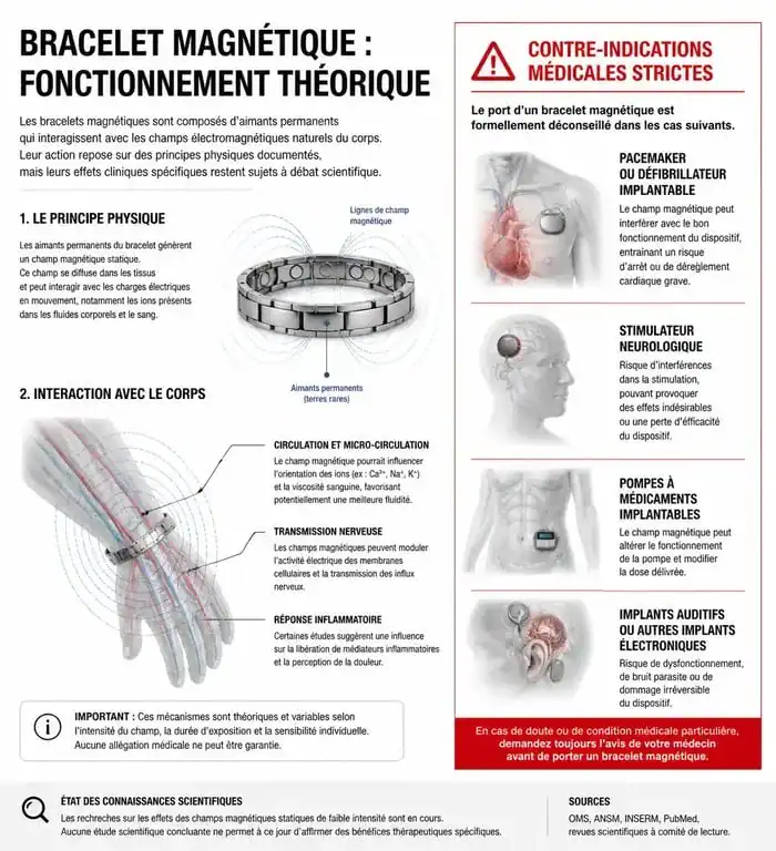 Infographie sur l'efficacité et les contre-indications médicales du bracelet magnétique