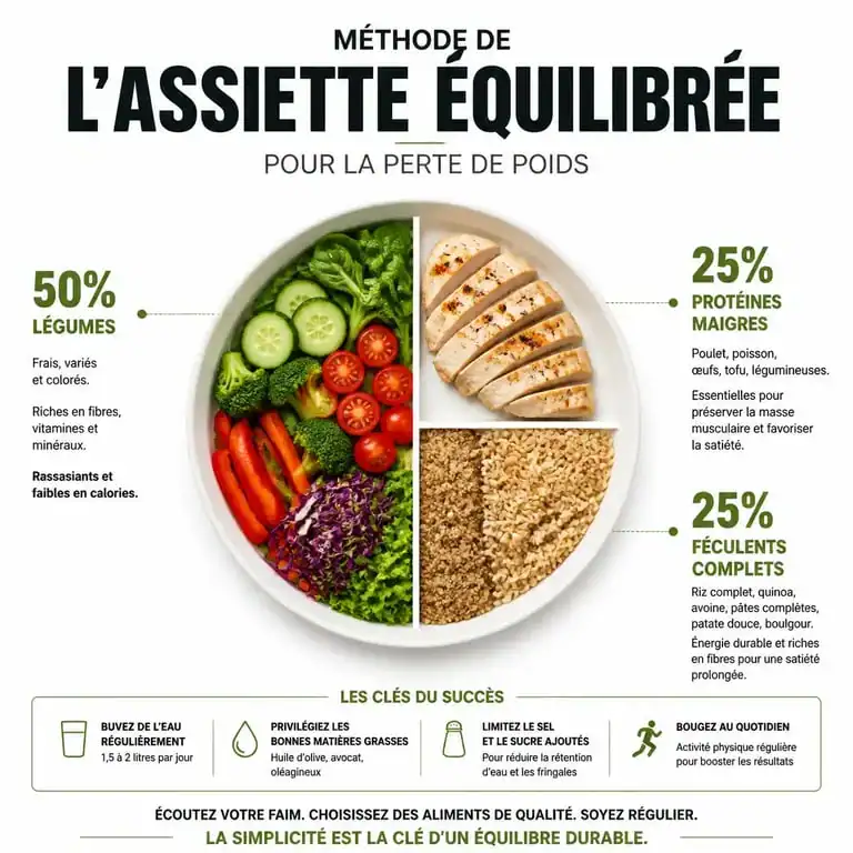 Infographie illustrant la règle de l'assiette équilibrée pour un plan alimentaire de perte de poids sain