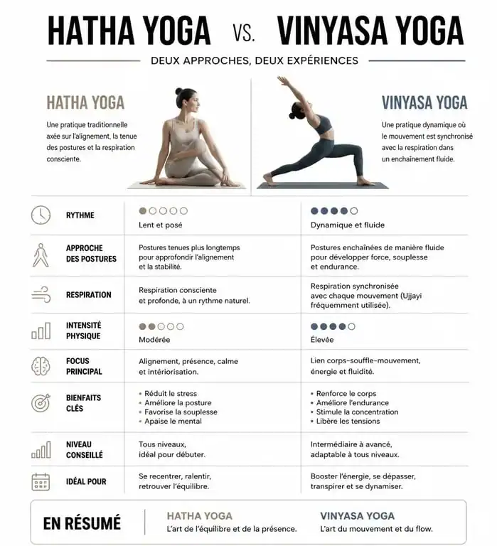 Infographie comparative entre le Hatha Yoga et le Vinyasa Yoga pour comprendre les différences de pratique