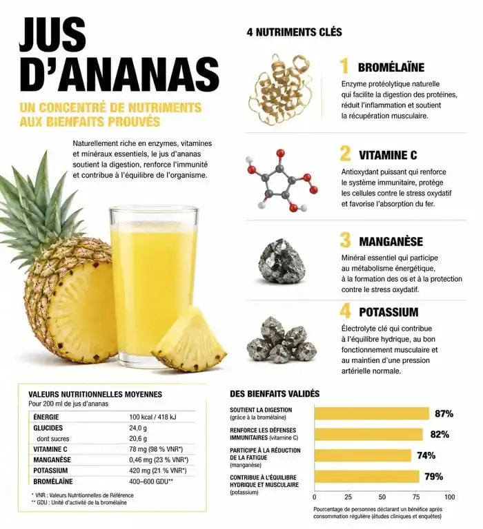 Infographie sur les bienfaits du jus d'ananas et ses propriétés nutritionnelles