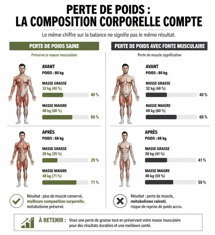 Infographie illustrant la différence entre la perte de graisse et la fonte musculaire lors d'une perte de poids