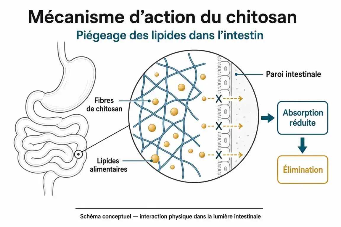 Schéma explicatif du mécanisme d'action du chitosan pour la capture des graisses et avis sur son efficacité