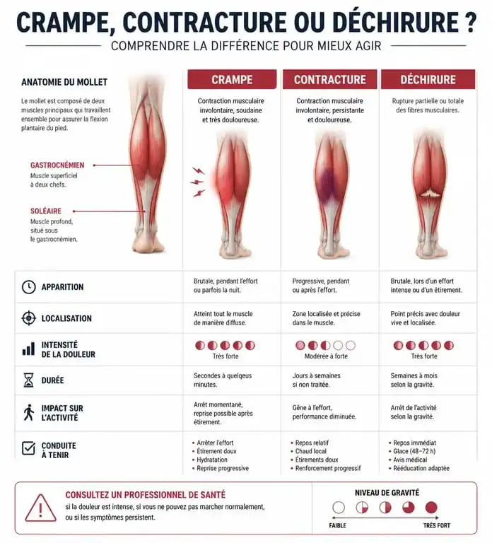Infographie comparative des douleurs au mollet : crampe, contracture et déchirure musculaire
