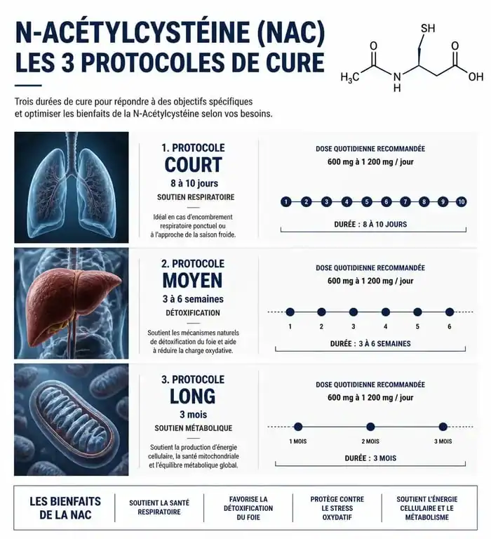 Infographie des durées de cure de NAC selon les objectifs de santé