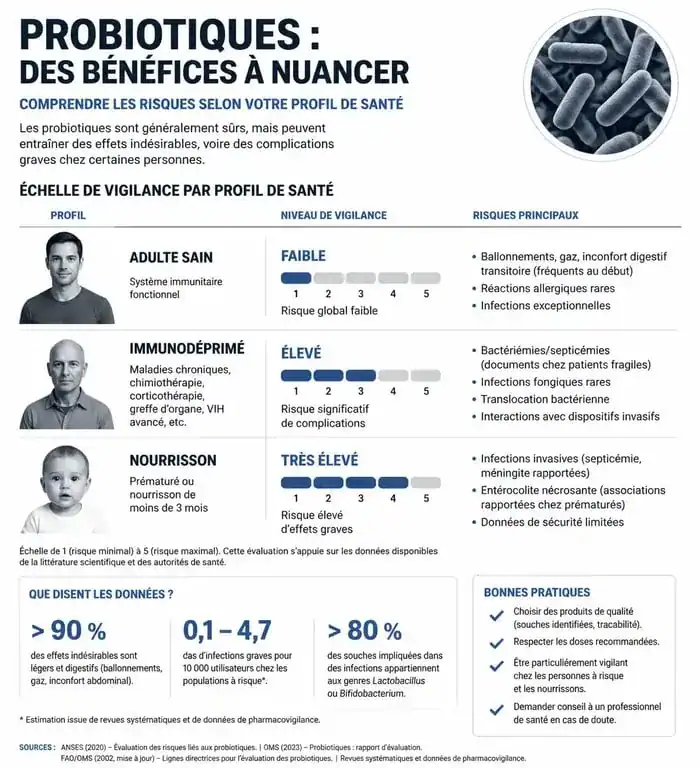 Infographie des risques et niveaux de vigilance liés à la prise de probiotiques selon le profil de santé