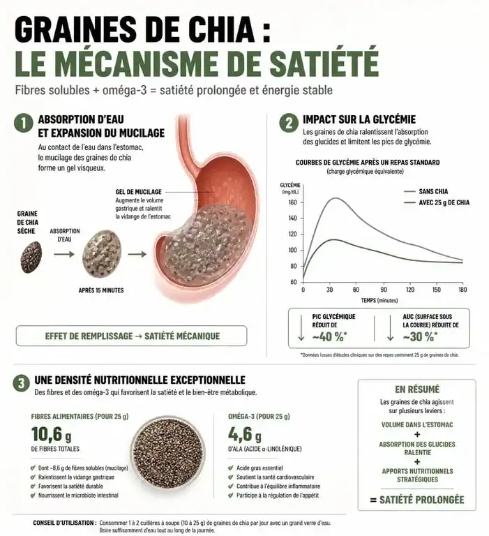 Infographie sur les bienfaits des graines de chia pour la perte de poids et la satiété
