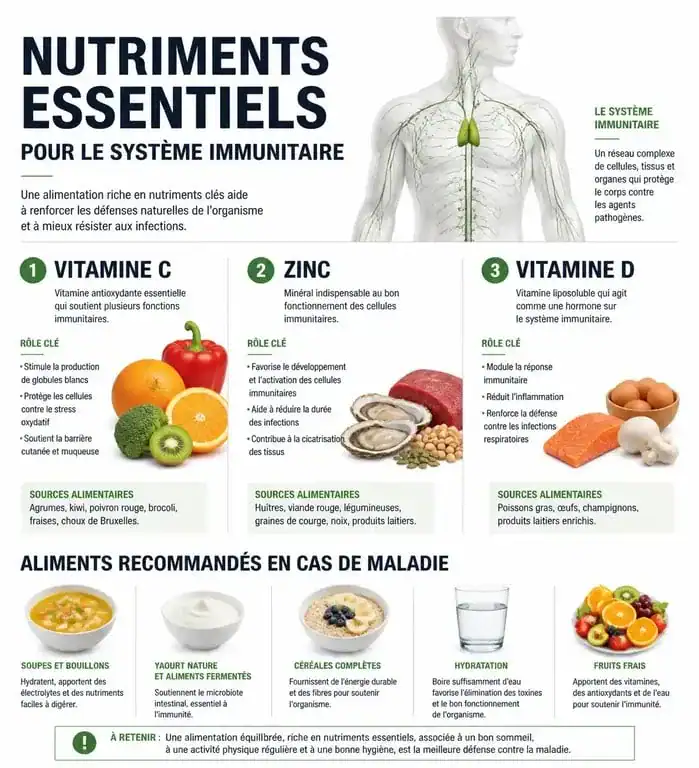 Infographie sur les aliments à privilégier pour booster le système immunitaire quand on est malade