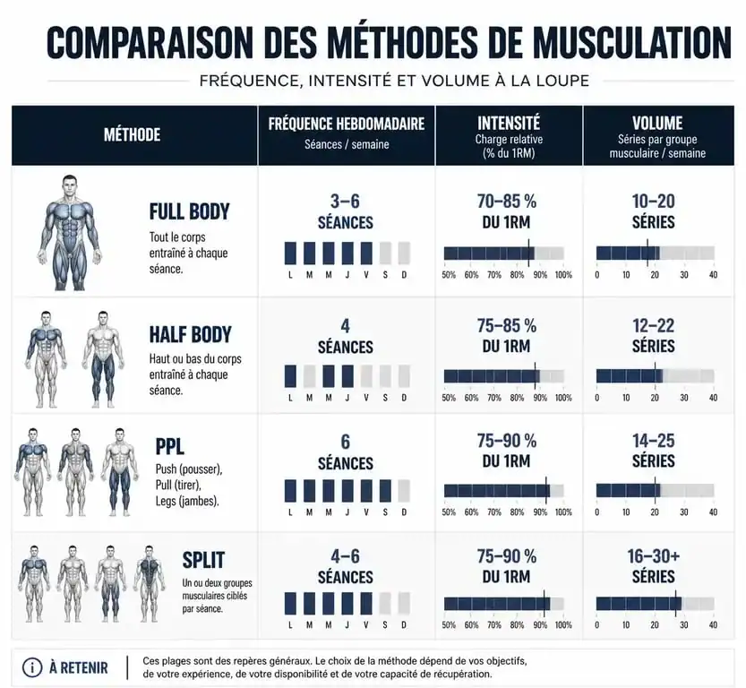 Infographie comparative des programmes de musculation : Full Body, Half Body, PPL et Split pour optimiser son programme de musculation.