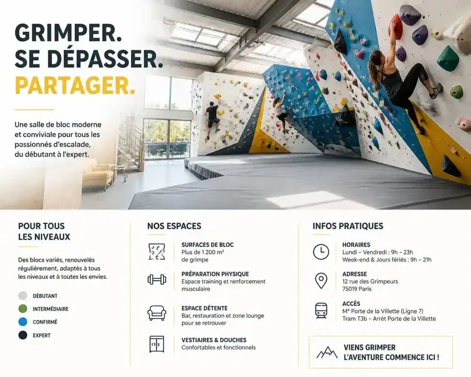 Salle d'escalade MRoc Villeurbanne avec murs de bloc et grimpeurs