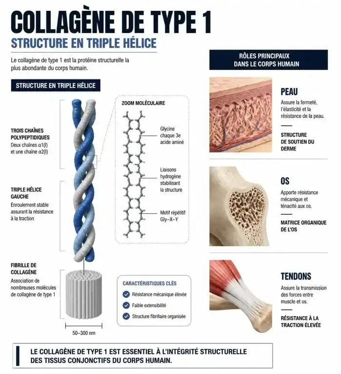 Infographie sur les bienfaits et la structure du collagène de type 1 dans l'organisme