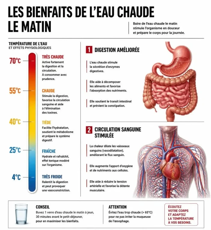 Infographie sur les bienfaits et la température idéale pour boire de l'eau chaude le matin
