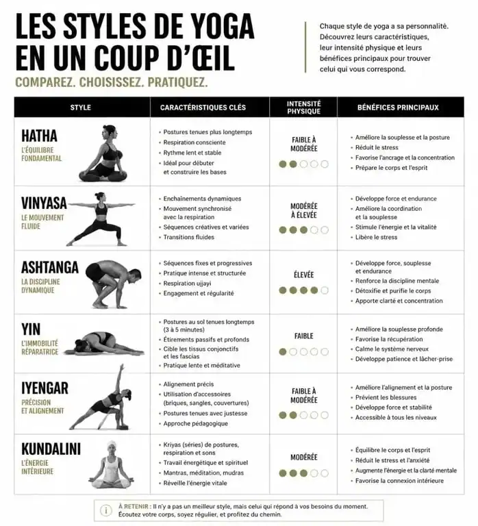 Infographie comparative des différents types de yoga pour choisir sa pratique