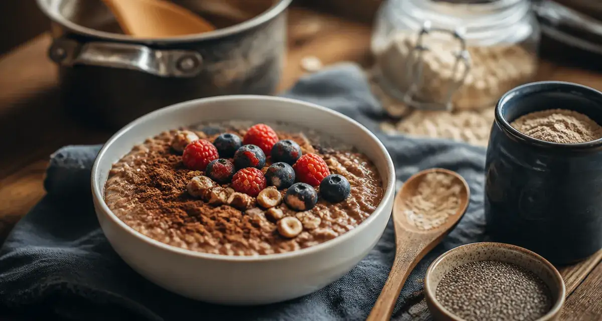 Porridge proteiné onctueux aux baies, noisettes et chia, 25g de protéines