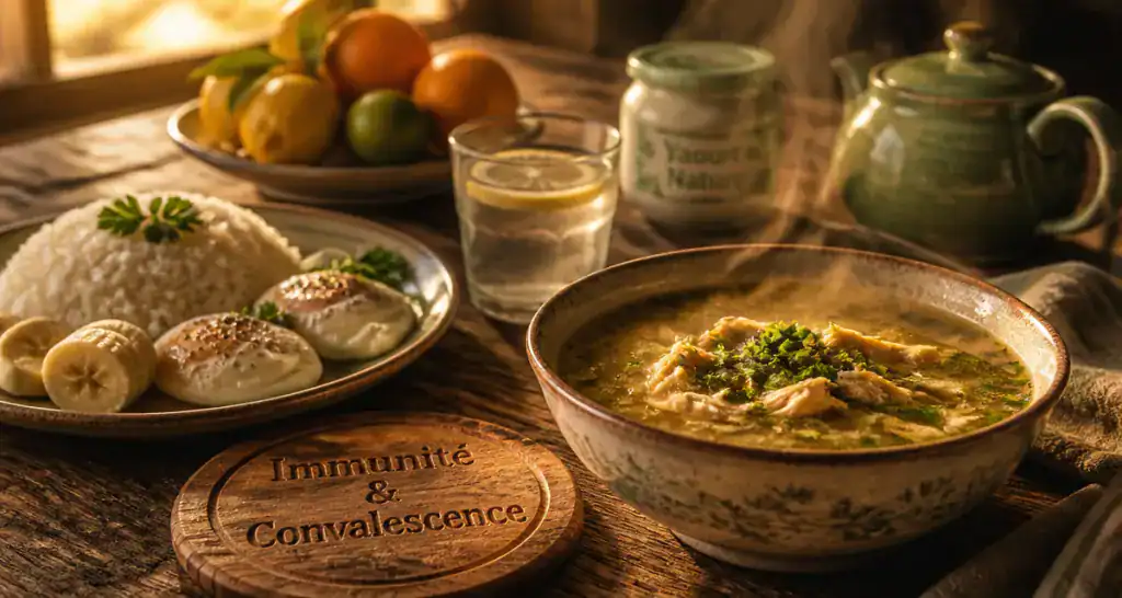 que manger quand on est malade bol bouillon riz banane œufs citron immunité
