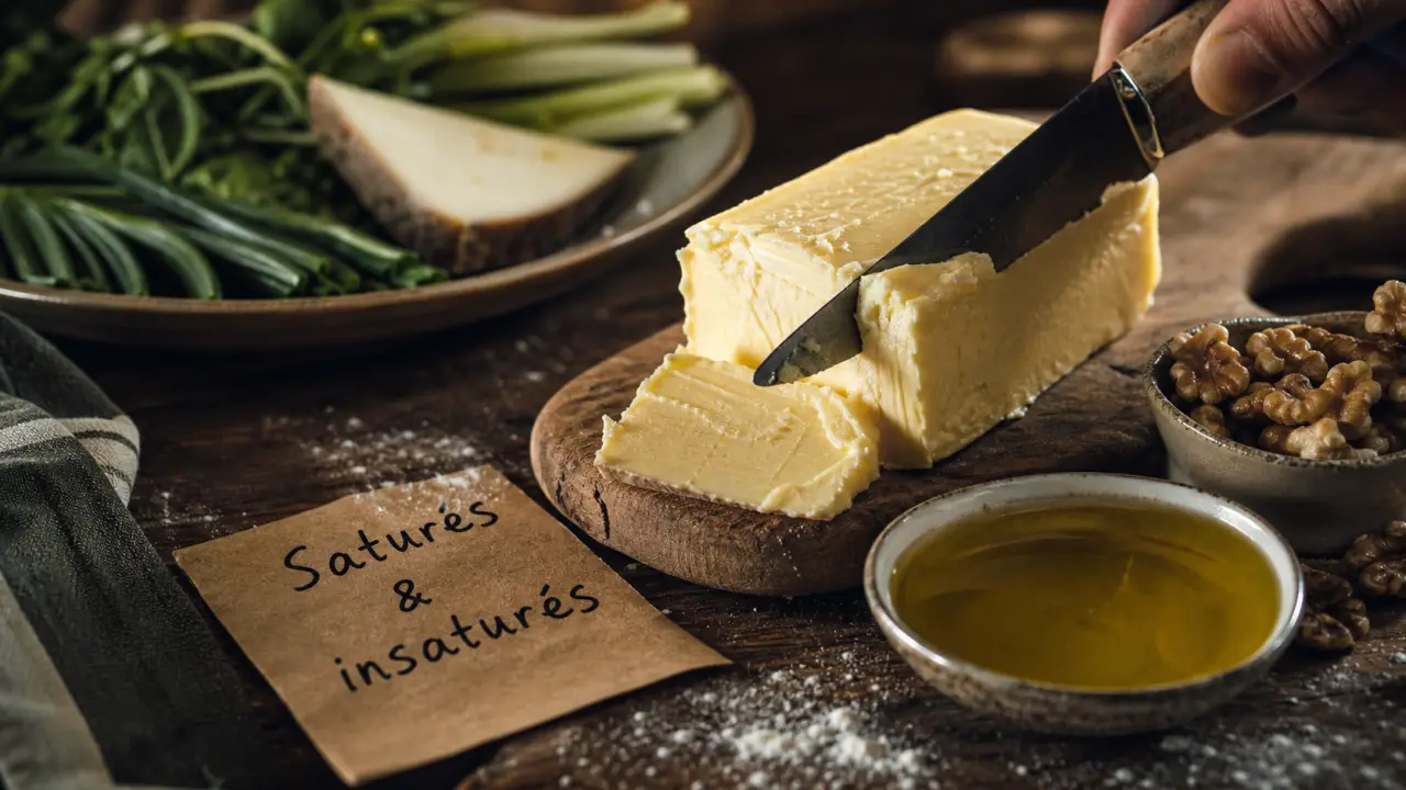 Acide gras sature bon ou mauvais : beurre, huile d’olive et noix sur table