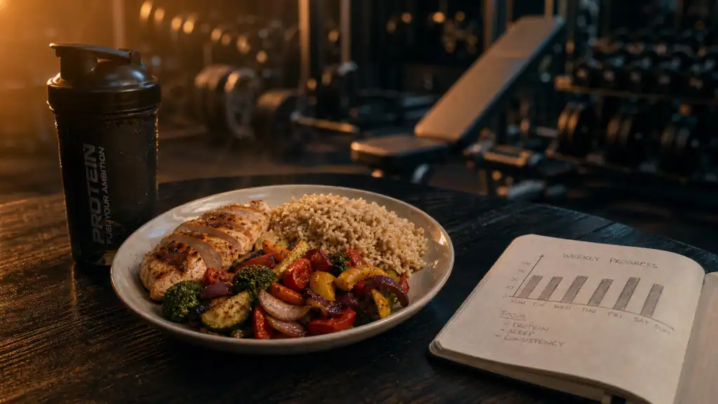 Assiette macros pour alimentation pour prendre du muscle et perdre de la graisse, protéines et légumes