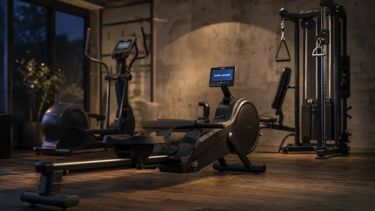 Appareil de sport qui fait travailler tout le corps : rameur, elliptique et homegym en salon